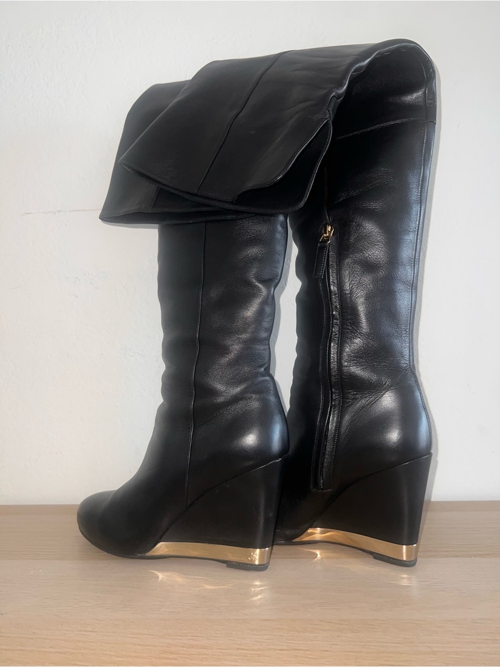 CHANEL Black Over the Knee Wedge Boots